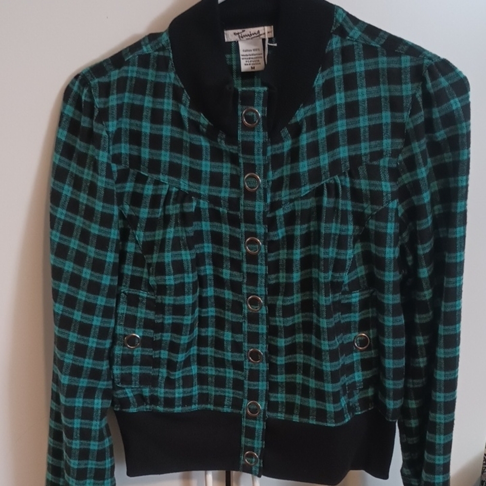 Y2K Women's Teal and Black Plaid Jacket Size Medium